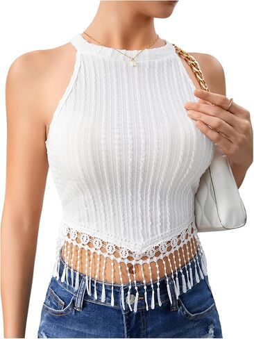 SweatyRocks Women's Fringe Hem Halter Tank Top Sleeveless Slim Fit Crop Tops in Saudi Arabia