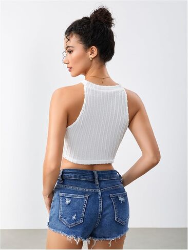 SweatyRocks Women's Fringe Hem Halter Tank Top Sleeveless Slim Fit Crop Tops in Saudi Arabia