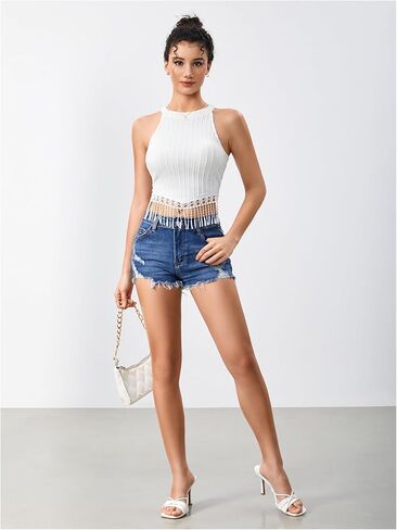 SweatyRocks Women's Fringe Hem Halter Tank Top Sleeveless Slim Fit Crop Tops in Saudi Arabia