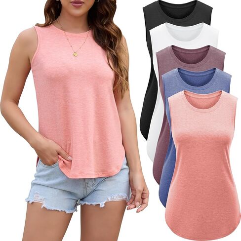 Tank Top for Women 2025 Summer 3/5 Pack Sleeveless Loose Fit Round Neck Flowy Casual Shirts with Curved Hem Outfits in Saudi Arabia