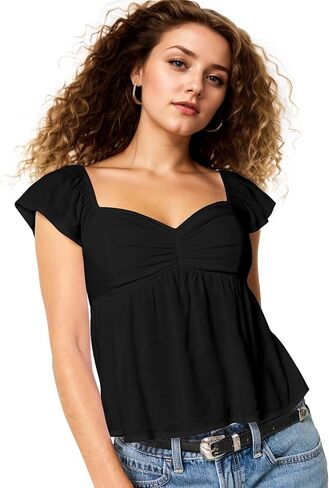 Livtany Women's Shuffle Short Sleve Flowy Peplum Tank Tops Sweetheart Neck Babydoll Blouse Smocked Back Pleated Summer Shirt in Kuwait