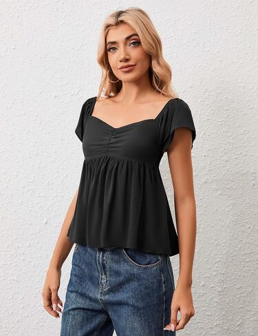 Livtany Women's Shuffle Short Sleve Flowy Peplum Tank Tops Sweetheart Neck Babydoll Blouse Smocked Back Pleated Summer Shirt in Kuwait