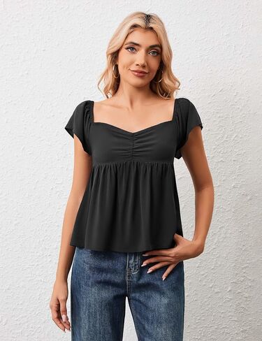 Livtany Women's Shuffle Short Sleve Flowy Peplum Tank Tops Sweetheart Neck Babydoll Blouse Smocked Back Pleated Summer Shirt in Kuwait