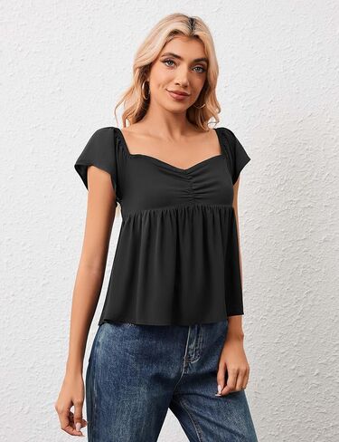 Livtany Women's Shuffle Short Sleve Flowy Peplum Tank Tops Sweetheart Neck Babydoll Blouse Smocked Back Pleated Summer Shirt in Kuwait
