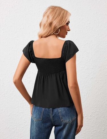 Livtany Women's Shuffle Short Sleve Flowy Peplum Tank Tops Sweetheart Neck Babydoll Blouse Smocked Back Pleated Summer Shirt in Kuwait