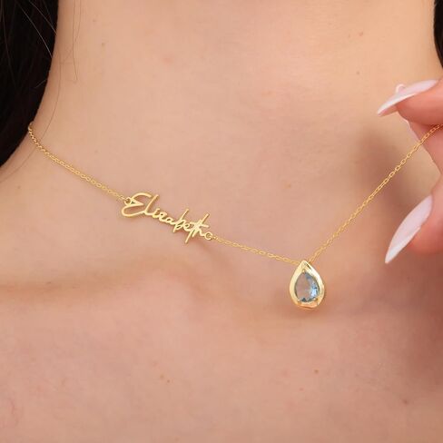 Personalized Birthstone Necklace with Name, 925 Sterling Silver Gold Plated Custom Sideways Name Necklace, Jewelry Gift for Mom Mother Grandma Valentines Mothers Day Birthday Friend in Saudi Arabia