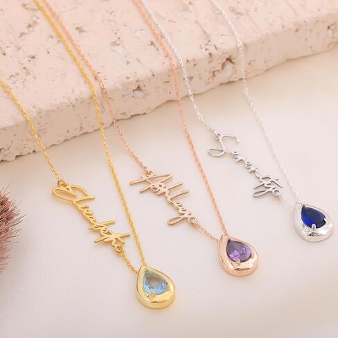Personalized Birthstone Necklace with Name, 925 Sterling Silver Gold Plated Custom Sideways Name Necklace, Jewelry Gift for Mom Mother Grandma Valentines Mothers Day Birthday Friend in Saudi Arabia