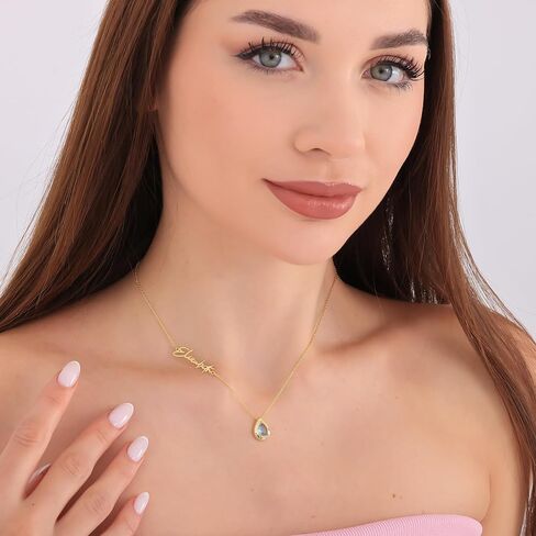 Personalized Birthstone Necklace with Name, 925 Sterling Silver Gold Plated Custom Sideways Name Necklace, Jewelry Gift for Mom Mother Grandma Valentines Mothers Day Birthday Friend in Saudi Arabia