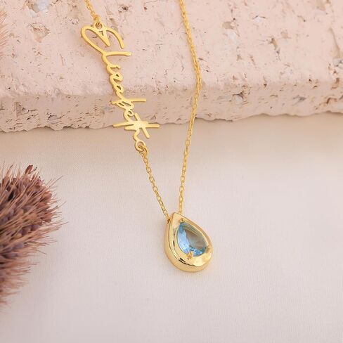 Personalized Birthstone Necklace with Name, 925 Sterling Silver Gold Plated Custom Sideways Name Necklace, Jewelry Gift for Mom Mother Grandma Valentines Mothers Day Birthday Friend in Saudi Arabia