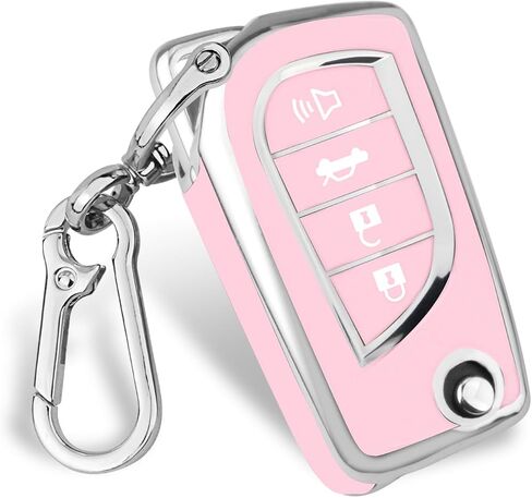 Car Key Cover for Toyota, Soft TPU Key Fob Cover Compatible with Rav4 Camry Fortuner Tundra Corolla C-HR Highlander, fit for 4 Buttons Foldable Car Key (Silver-Pink) in Saudi Arabia