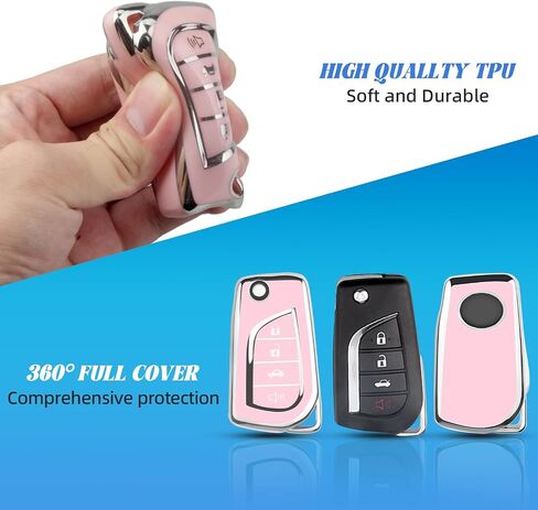 Car Key Cover for Toyota, Soft TPU Key Fob Cover Compatible with Rav4 Camry Fortuner Tundra Corolla C-HR Highlander, fit for 4 Buttons Foldable Car Key (Silver-Pink) in Saudi Arabia