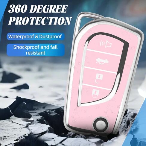 Car Key Cover for Toyota, Soft TPU Key Fob Cover Compatible with Rav4 Camry Fortuner Tundra Corolla C-HR Highlander, fit for 4 Buttons Foldable Car Key (Silver-Pink) in Saudi Arabia