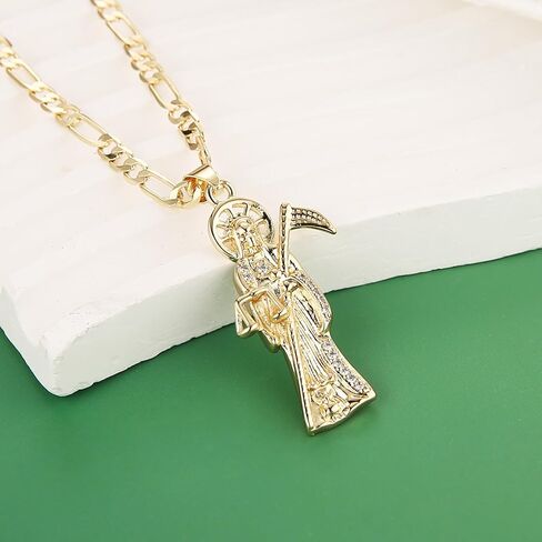 قلادة Hzman Santa Muerte للرجال Retro Gothic 14K Gold Gold Grim Reaper Saint Death Single Skull Presant Presh Party Gift in Saudi Arabia