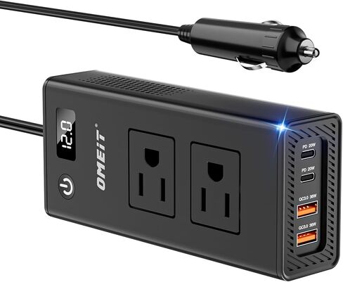 200W سيارة العاكس 12V إلى 110 فولت ، أوميت العاصمة إلى محول AC مع 20W USB-C و USB QC 36W شحن USB FAST ، منافذ AC المزدوجة ، محول شاحن السيارات السريع مع عرض LED ، Black in Kuwait