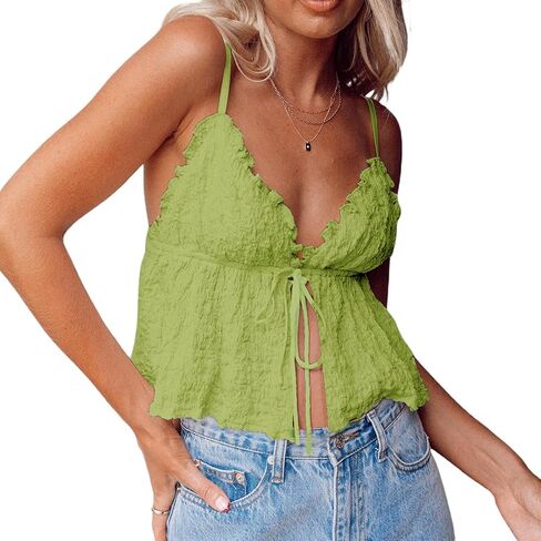 Woman Y2k Solid Self-tie Camisole Spaghetti Strap V Neck Open Front Tops Ruffle Trim Cami Streetwear in Kuwait