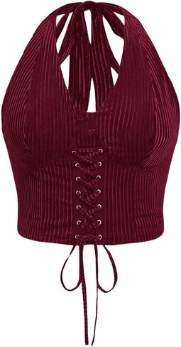 WDIRARA Women's Plus Size Lace Up Front Halter Tank Tops Slim Fit Crop Tee in Kuwait