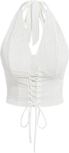 WDIRARA Women's Plus Size Lace Up Front Halter Tank Tops Slim Fit Crop Tee in Kuwait