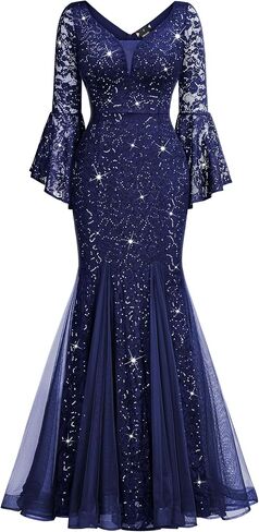 Miusol Women's Deep V Neck Sequin Lace Mesh Tulle Hem in Saudi Arabia