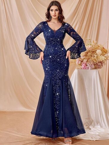 Miusol Women's Deep V Neck Sequin Lace Mesh Tulle Hem in Saudi Arabia
