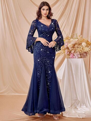Miusol Women's Deep V Neck Sequin Lace Mesh Tulle Hem in Saudi Arabia