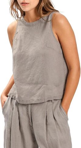 Amazhiyu Women's 100% Linen Plant-Dyed Tank Tops Sleeveless Back Button Shirt in Saudi Arabia