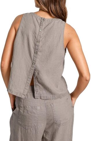 Amazhiyu Women's 100% Linen Plant-Dyed Tank Tops Sleeveless Back Button Shirt in Saudi Arabia