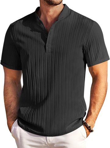 Coofandy Mens غير الرسمي Henley Linen من طوق قصير الأكمام شاطئ الصيف Tee Shirt أسود in Saudi Arabia