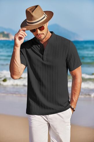 Coofandy Mens غير الرسمي Henley Linen من طوق قصير الأكمام شاطئ الصيف Tee Shirt أسود in Saudi Arabia