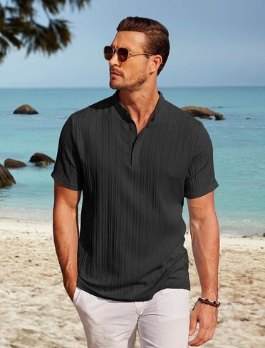 Coofandy Mens غير الرسمي Henley Linen من طوق قصير الأكمام شاطئ الصيف Tee Shirt أسود in Saudi Arabia