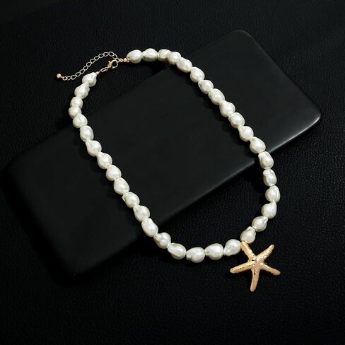 CLASSYZINT Gold Starfish Pendant Necklace Baroque Simulated Pearl Necklace for Women Summer Beach Jewelry in Saudi Arabia