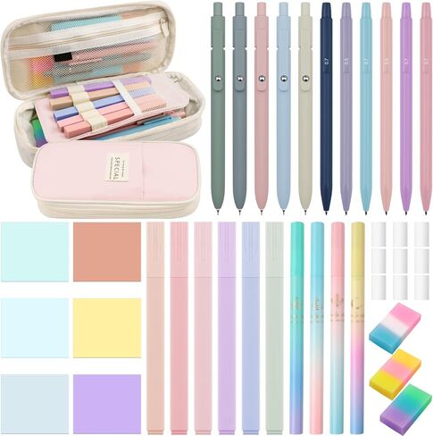 Harloon 40 Pcs Aesthetic School Supplies Includes Big Capacity Pencil Case Pastel Highlighter Quick Dry Ink Pen Mechanical Pencil Pencil Refill Clear Sticky Note 3 Erasers 9 Eraser Refills (Blue) in Saudi Arabia