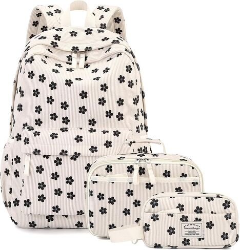 Backpack for Girls Boy Teen Corduroy Bookbags Elementary Middle High School Women Laptop Bag with Lunch Box Pencil Bag (Flower Black) in Kuwait