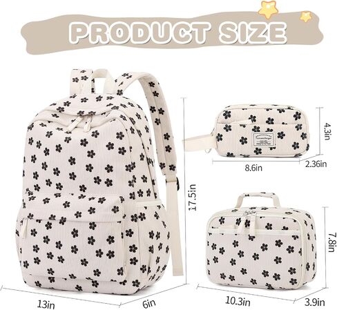 Backpack for Girls Boy Teen Corduroy Bookbags Elementary Middle High School Women Laptop Bag with Lunch Box Pencil Bag (Flower Black) in Kuwait