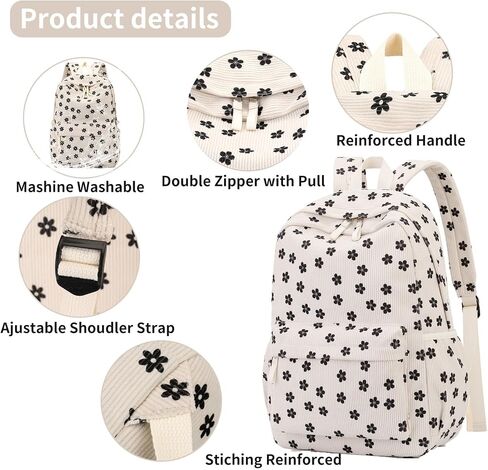 Backpack for Girls Boy Teen Corduroy Bookbags Elementary Middle High School Women Laptop Bag with Lunch Box Pencil Bag (Flower Black) in Kuwait