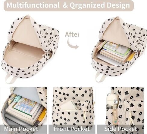 Backpack for Girls Boy Teen Corduroy Bookbags Elementary Middle High School Women Laptop Bag with Lunch Box Pencil Bag (Flower Black) in Kuwait