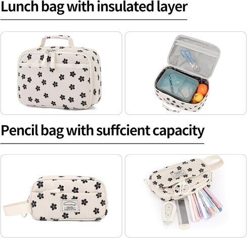 Backpack for Girls Boy Teen Corduroy Bookbags Elementary Middle High School Women Laptop Bag with Lunch Box Pencil Bag (Flower Black) in Kuwait