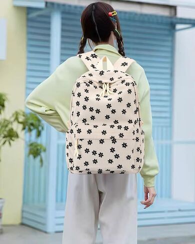 Backpack for Girls Boy Teen Corduroy Bookbags Elementary Middle High School Women Laptop Bag with Lunch Box Pencil Bag (Flower Black) in Kuwait