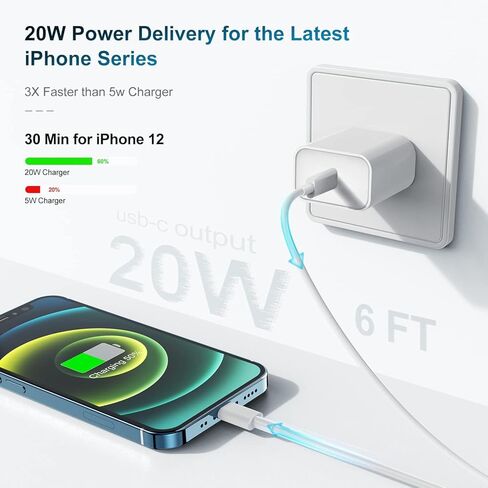 Phone Charger Fast Charging 6 FT, Long USB C to Lighting Cable 6 Foot with 20W USB C Rapid Phone Charger Block, Compatible with iPhone 14 Pro/13Pro Max/12/11Pro/Mini, 2 Pack -Black in Kuwait