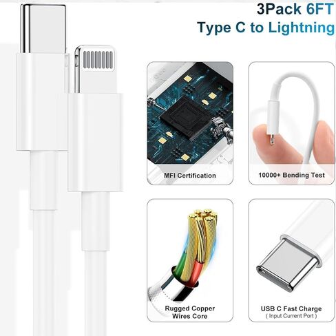 Phone Charger Fast Charging 6 FT, Long USB C to Lighting Cable 6 Foot with 20W USB C Rapid Phone Charger Block, Compatible with iPhone 14 Pro/13Pro Max/12/11Pro/Mini, 2 Pack -Black in Kuwait