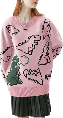 Women's Dinosaur Graphic Sweaters Cartoon Kwaii Knit Crewneck Long Sleeve Oversized Pullover Jumpers in Saudi Arabia