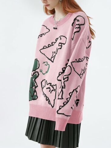 Women's Dinosaur Graphic Sweaters Cartoon Kwaii Knit Crewneck Long Sleeve Oversized Pullover Jumpers in Saudi Arabia