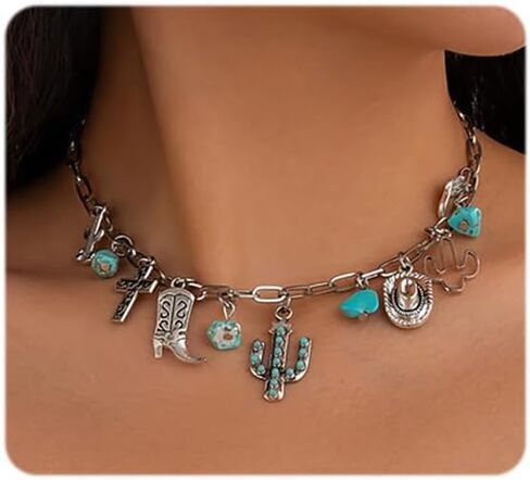 Western Cowgirl Necklaces for Women Country Turquoise Necklaces Layered Turquoise Choker Necklaces Vintage Western Country Jewelry Costume Accessories in Saudi Arabia