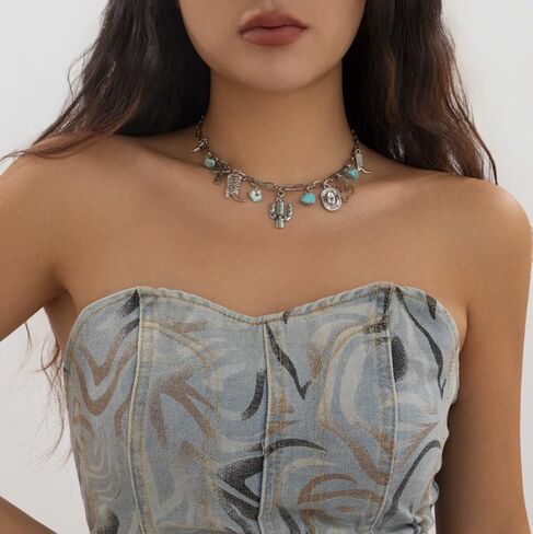 Western Cowgirl Necklaces for Women Country Turquoise Necklaces Layered Turquoise Choker Necklaces Vintage Western Country Jewelry Costume Accessories in Saudi Arabia