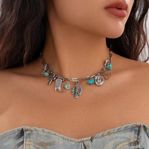 Western Cowgirl Necklaces for Women Country Turquoise Necklaces Layered Turquoise Choker Necklaces Vintage Western Country Jewelry Costume Accessories in Saudi Arabia