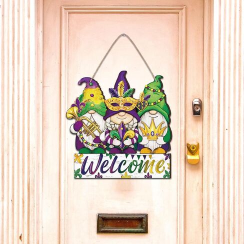 Berlune Mardi Gras Door Door Decoration Wooden Well Sign Carnival Gnome Wreath Farmhouse Mardi Gras Door Hanger Rustic Purple Green Green Mardi Decor in Saudi Arabia
