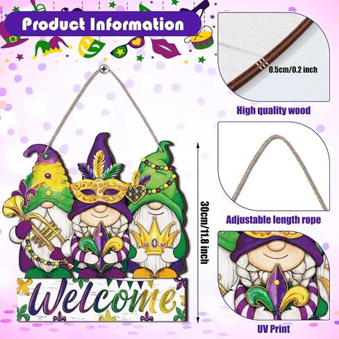 Berlune Mardi Gras Door Door Decoration Wooden Well Sign Carnival Gnome Wreath Farmhouse Mardi Gras Door Hanger Rustic Purple Green Green Mardi Decor in Saudi Arabia