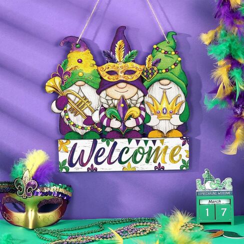 Berlune Mardi Gras Door Door Decoration Wooden Well Sign Carnival Gnome Wreath Farmhouse Mardi Gras Door Hanger Rustic Purple Green Green Mardi Decor in Saudi Arabia