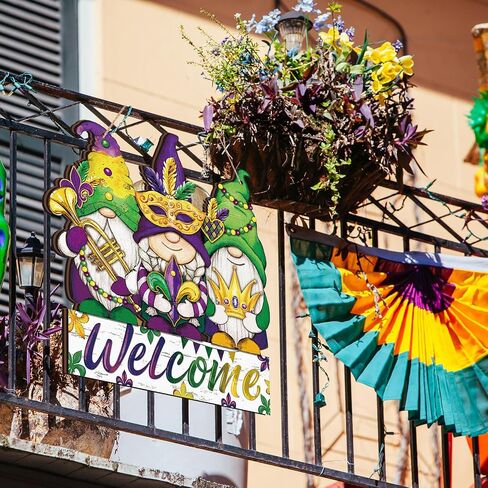 Berlune Mardi Gras Door Door Decoration Wooden Well Sign Carnival Gnome Wreath Farmhouse Mardi Gras Door Hanger Rustic Purple Green Green Mardi Decor in Saudi Arabia