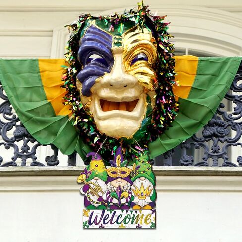 Berlune Mardi Gras Door Door Decoration Wooden Well Sign Carnival Gnome Wreath Farmhouse Mardi Gras Door Hanger Rustic Purple Green Green Mardi Decor in Saudi Arabia