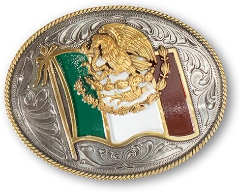 Ariat Oval Buckle مع علامات علم المكسيك ، تفاصيل حافة الحبل ، والفضة العتيقة والذهبية ، 4 "× 3-1/4" in Saudi Arabia